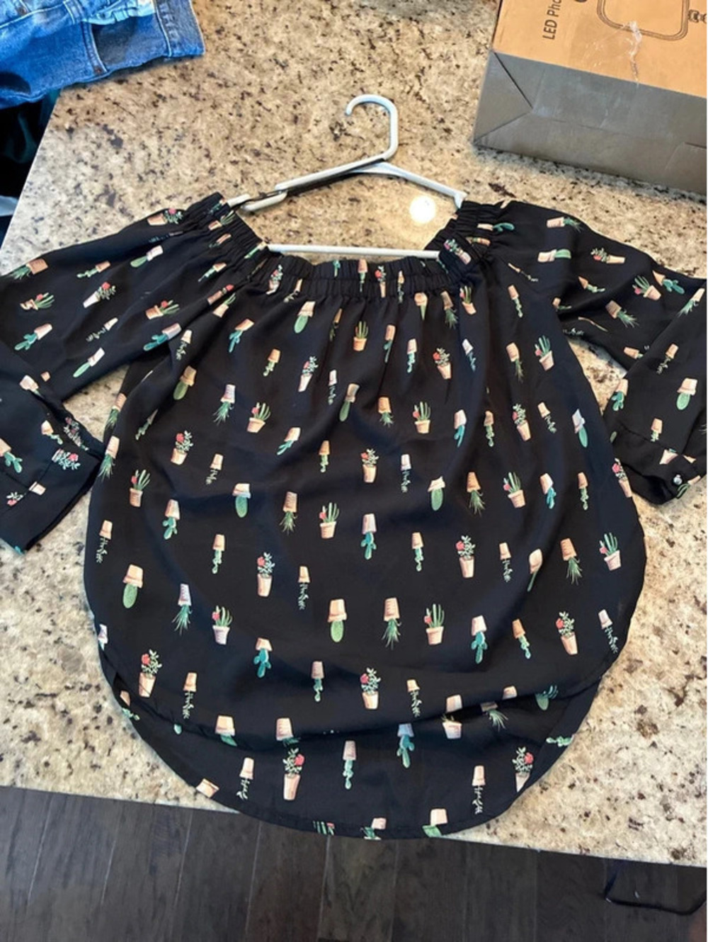 Papaya Black Off-Shoulder Blouse with Cactus Print, Size Small